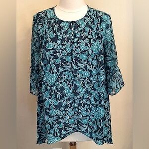 LC Lauren Conrad Floral Boho Turquoise Pleated Bell Sleeves Casual Blouse Size M